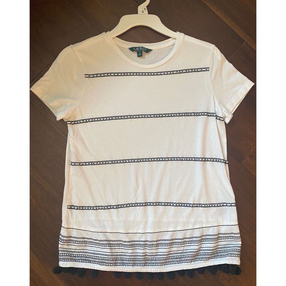 Ralph Lauren Women's t-shirt top White black hand Beaded T-Shirt pompom detail S